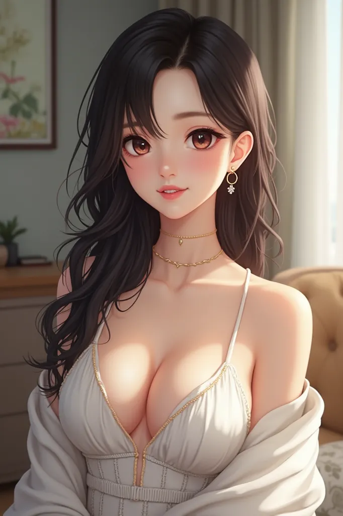 
(super realistic), (shape), (Hi-Res), (8k), (very detailed), (Best shape), (Big beautiful double eyelids), (Best Quality), (very detailedな), (masterpiece), (wallpaper), (detailed face),  Luxurious Living Room 、Sofa ~sit、white shoulder knit、A clear backgro...