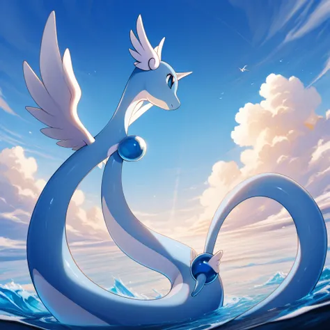 masterpiece, best quality, dragonair, Pokémon, without humans, Alone, basic, water, sereno,  sky, blue  sky