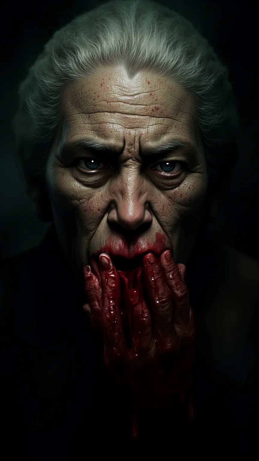 close up of an old woman coughing fresh blood,her eyes are bulging,red vein,her face turn greyish,highly detailed,intricate,cinematic lighting,dramatic shadows,moody atmosphere,gritty,photorealistic,4k,8k,masterpiece,ultra-detailed,realistic,hdr,uhd,studio...