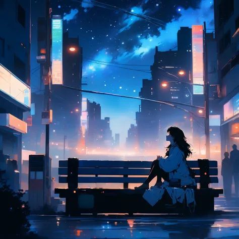 A vibrant cityscape at night, illuminated by neon lights. A young woman stands on a quiet street, gazing up at the twinkling stars above the skyline. A vintage radio rests beside her on a bench, playing an old melody. The cool night breeze rustles her hair...
