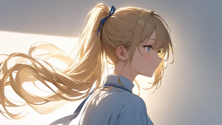 one girl with a huge ass， Golden Hair，ponytail，Light blue sweater，white shirt，Light blue uniform， blue ribbon，white background、