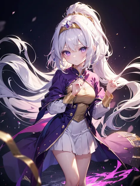 Young girl, , long flowing white hair, purple eyes that are a mixture of violet and magenta, delicate skin, perfectly shaped hands, detailed hands covered in an icy aura, life-like portrayal, cold glinted eyes, masterfully crafted features, gold headband, ...