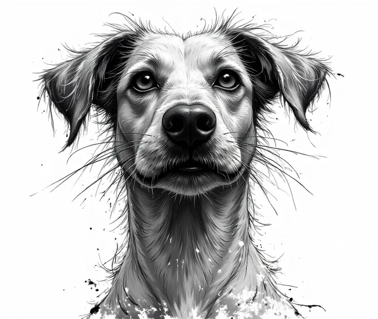 A black and white expressive scribble drawing of a dog, created with chaotic, overlapping ink strokes. The dog has large, round eyes full of emotion, a prominent black nose, and exaggerated whiskers extending outward in dynamic lines. The fur is loosely sk...