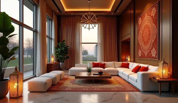 The interior of the house is large and decorated with Ramadan decorations and furniture without people, modern and luxurious in the evening. Modern design 