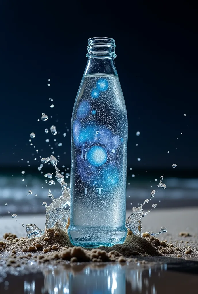 Night scene. A glass water bottle, etched with the transparent letters "HADITA", containing a galaxy and nebula, is smashed into chunks at an angle in the sand on a beach. Shards of glass, galaxy, and nebula spill out like liquid onto the sand, forming a p...