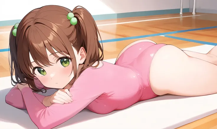 an anime cartoon  girl on a floor a long hair style, 1girl, athletic leotard, solo, leotard, twintails, brown hair, short hair, green eyes, pink leotard, gymnastics, ass, prone, on stomach