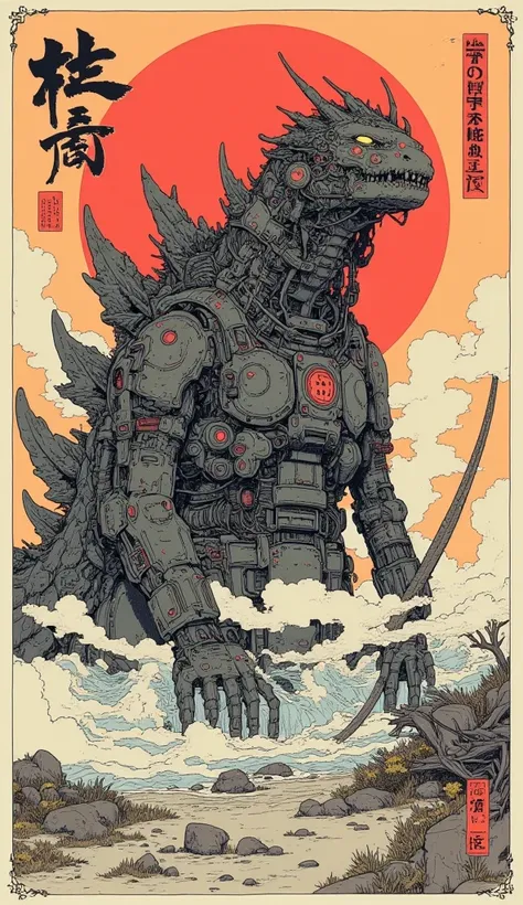 There is a poster of the robot Godzilla, concept art inspired by Kano Yoshika,  trending on pixiv, ukiyo-e, Traditional Japanese Concept Art, Feudal Japan art,  Japanese-style poster  , Feudal Japan, Woodcut by -e , Japanese painting style,  Japanese woodc...