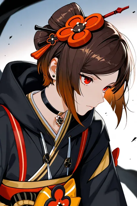 Genshin Impact style male character,  with short brown hair , inspired by Chiori and with modern gothic clothing in black,  RED EYES, black hoodie with straps, scarf