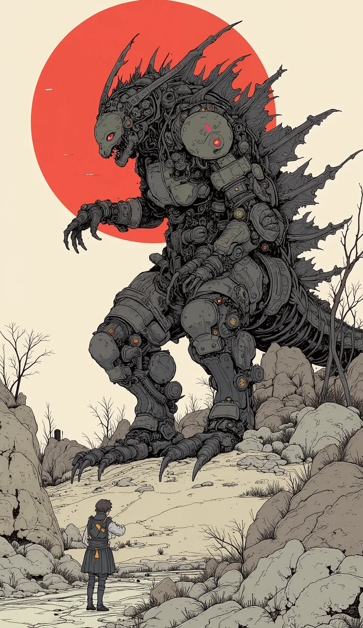 There is a poster of the robot Godzilla, Concept art inspired by Kano Hogai,  trending on pixiv, ukiyo-e, Traditional Japanese Concept Art, Feudal Japan art,  Japanese-style poster  , Feudal Japan, Woodcut by -e , Japanese painting style,  Japanese woodcut...