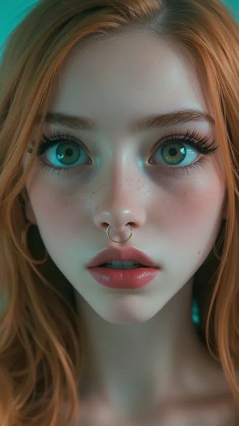 À cinematic picture of a 16year old girl her face is beautiful, with big emerald green eyes and full lips, black eye shadow, long thick eyelashes, pink glossy lips, pink rouge with some freckles, her hair is long bright ginger and wavy, she has a hoop nose...