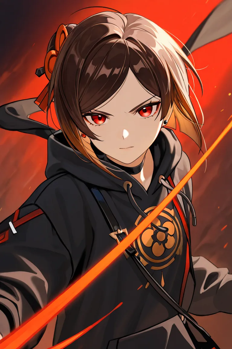 Genshin Impact style male character,  with short brown hair , inspired by Chiori and with modern gothic clothing in black,  RED EYES, black hoodie with straps, scarf