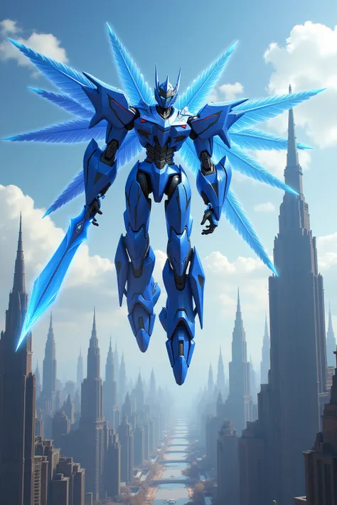 masterpiece, (top quality), highly detailed,  super detailed, 1 transforms, ( Huge basic Mechanics: blue,    Elon's Elongated Years: 0.8), (heavenly city: 1.5,   arms:   Energy Blade  ), (fantasy setting: 1.9,   natural light: 1.5,, (  Panorama  : 1.2), fl...