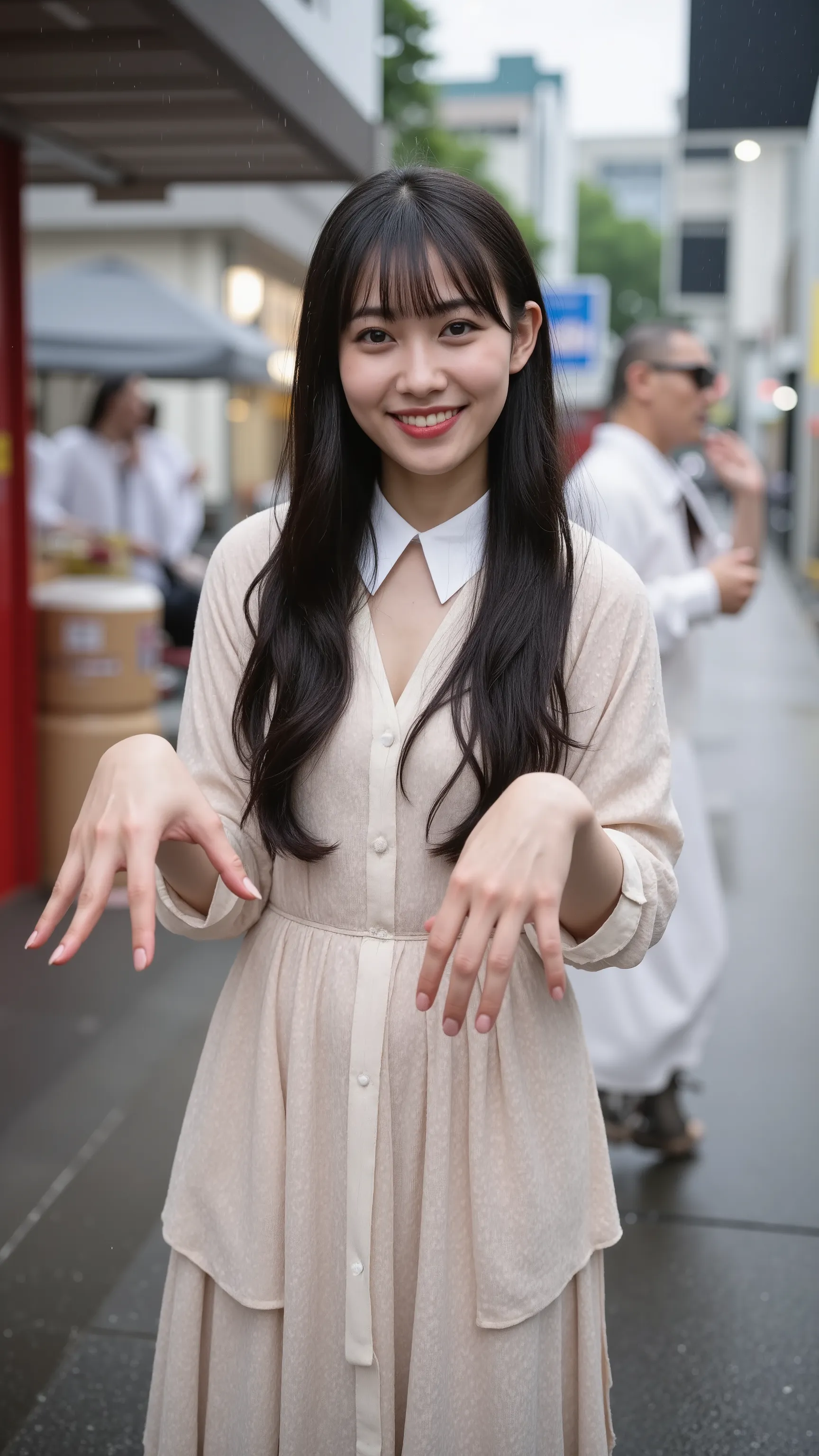 The high resolution photograph of a Japanese young woman, realistic, photo-realistic, masterpiece, best quality, intricate details, extremely detailed, sharp focus, professional lighting, 1girl, joyful expression, standing on the path in the rain, long wav...