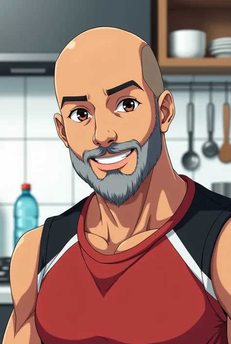 Create a detailed portrait of a light brown-skinned man with a shaved head and a gray beard, with a serene look and a friendly expression. He is wearing a sleeveless red shirt with black and white details. The background should depict a modern kitchen envi...