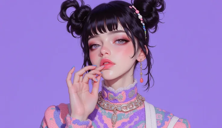 8k, masterpiece, highest quality, Korea's Beautiful Women, Kawaii style, black hair in buns, pastel hair accessories, bright blue eyes, rosy cheeks, colorful makeup, purple lace top, pastel jewelry, decorative nails, soft lighting, purple background, youth...