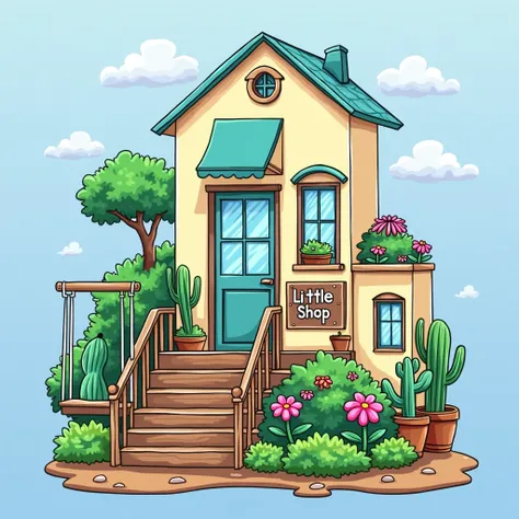 A small shop with a door, stairs, windows, flowers and plants. In the middle, there is a phrase that says: "Little Shop Bold and Easy Coloring Book". Use warm colors such as beige, brown and soft green to enhance the feeling of comfort and relaxation. An a...