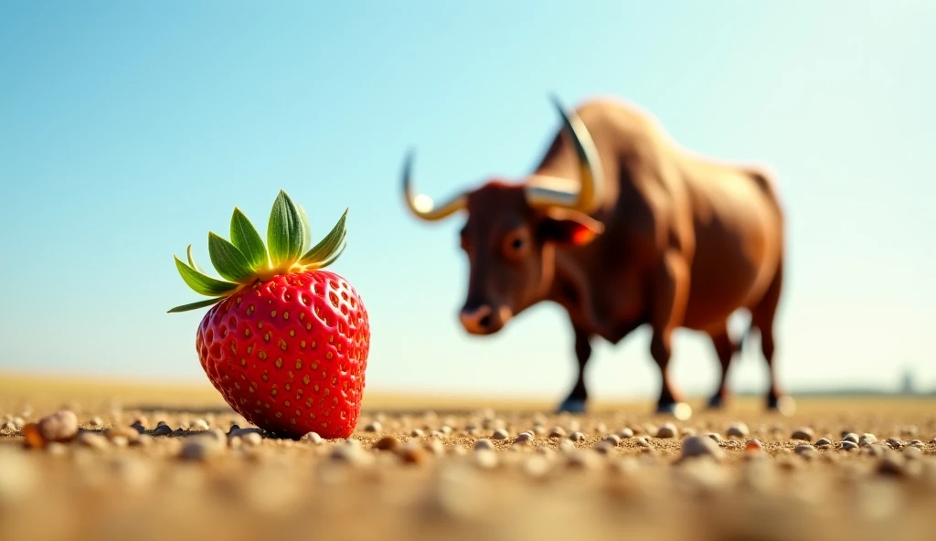 Here’s a detailed image generation prompt for your description:

"A realistic scene featuring a ripe, vibrant red strawberry with detailed seeds and a green leafy crown, positioned on the ground. Opposite it, a strong, muscular bull with a sleek brown coat...