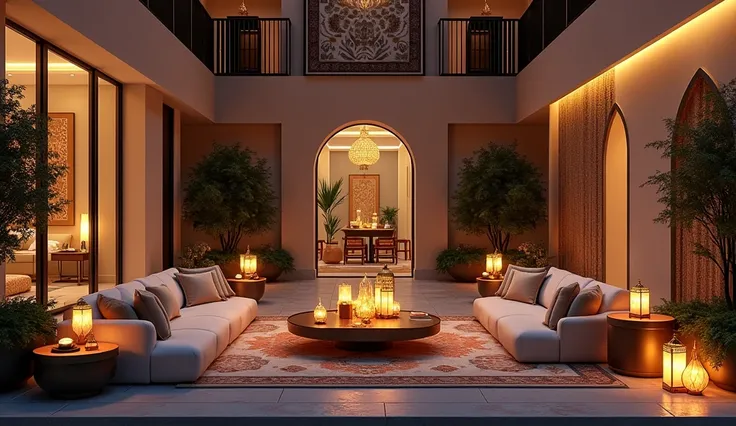 The interior of the house is large and decorated with Ramadan decorations and furniture without people, modern and luxurious in the evening. Modern design at night 