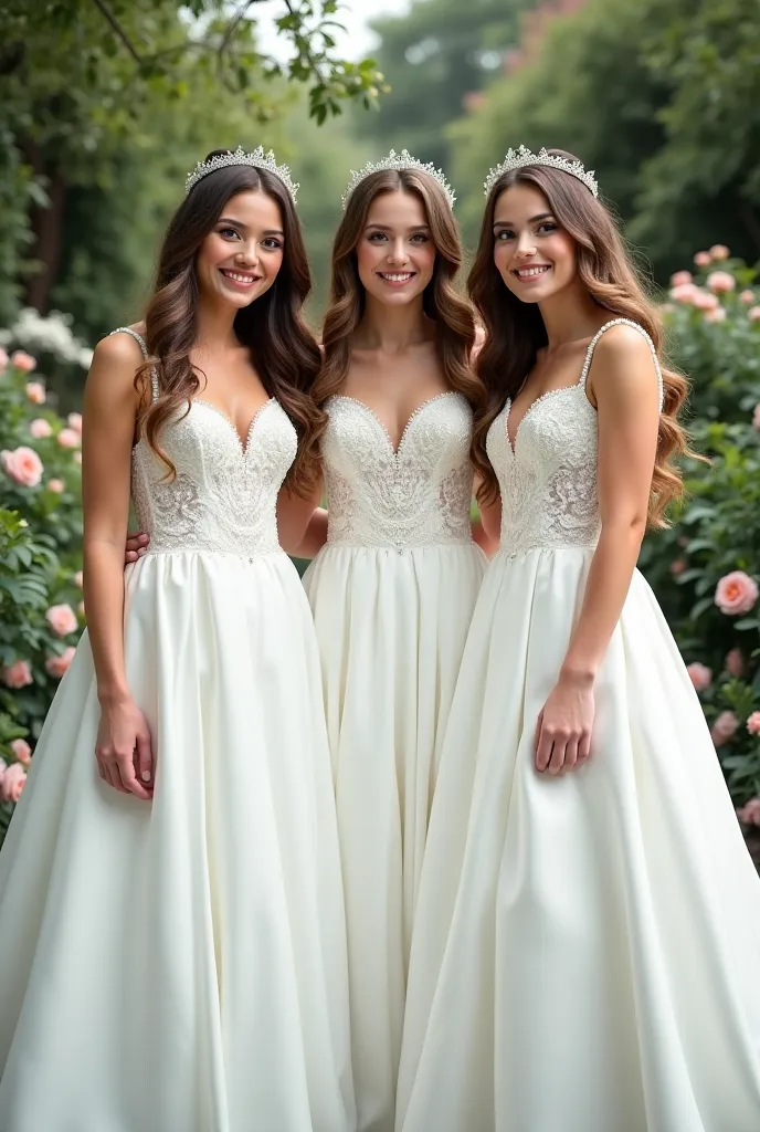 Triplet sisters dressed as brides 