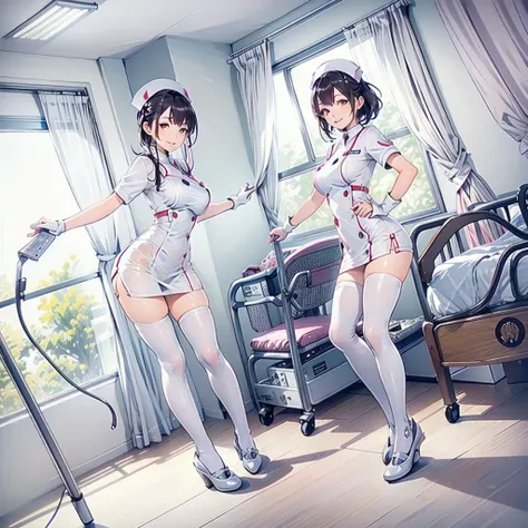 1woman, solo, nurse, nurse cap, white wear, ((white legwear, zettai ryouiki)), white gloves, long hair, purple hair, red eyes, pink lips, smile, standing, ((hospital room)), sharp outline, short sleeves, mature female, 35 years old, best quality, masterpie...