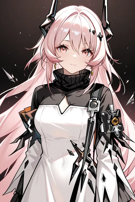 (masterpiece), ((Best Quality)), Cowboy Shooting, 1 girl, light smile, looking at viewer, Theresa\(arknights\), pink eye ,pink hair near MM, horn, long hair, turtleneck dress, Multiple Rings, chest cutout,