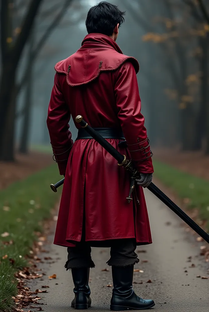 An average-sized black-haired man, red overcoat leather bathrobe,  white shirt underneath,  black pants, leather boots carrying a black-bladed sword, On a road at night in a medieval era, clothes in medieval style