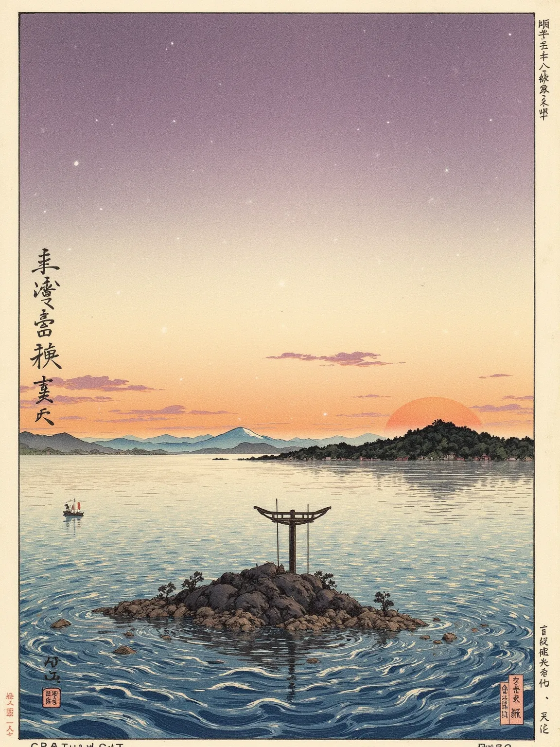 New print style,Calm evening、Scenery where Meotoiwa stands quietly,The sky is a soft gradation of orange and purple,The sunset is reflected on the surface of the sea,Delicate ripples ,A hazy mountain in the distance々,A lyrical and quiet atmosphere,reproduc...