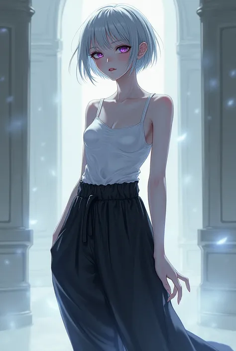 A 1,80m tall woman with short silver hair, pure-white skin, black scelera and purple irises. Small breasts thick thights and butt. Wearing baggy pants and a Sleeveless shirt. Anime style