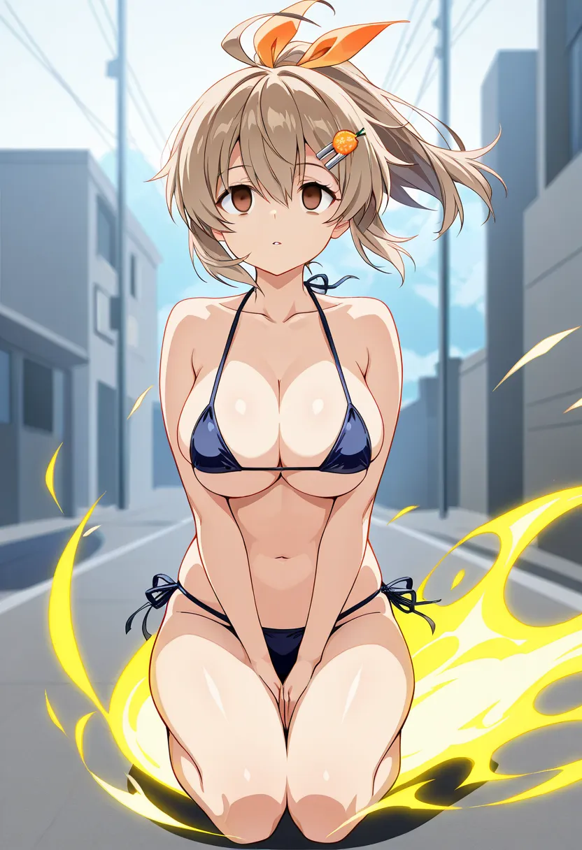 The Glowing Portal and the Girl, waiting for someone ,Wind, ,, large breasts, sakuraiakane    , (Girl Friend Beta) light brown hair, ahoge, high ponytail, orange ribbon, hair ribbon, hair between eyes, hairclip, food-themed hair ornament, short hair, brown...