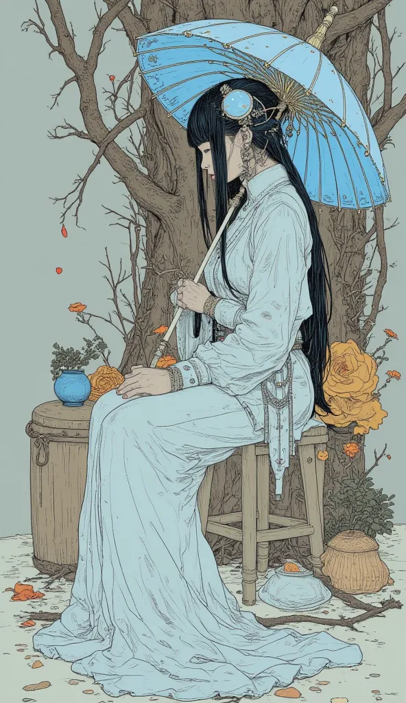 There is a woman in a long dress with a blue and white umbrella, inspired Otake Chikuha , Otake Chikuha , Nick Knight, by Shao Mi, Jinnah Chan,  by San Junze, Written by Zheng Jiacui, By Xie Sun , Takato Yamamoto Aesthetics,  Esoteric Beautiful Art,   Chan...