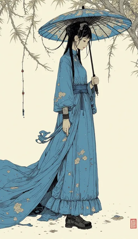 There is a woman in a long dress with a blue and white umbrella, Paintings inspired by Otake bamboo leaves, Tumbler, Art Photos , Nick Knight, Jinnah Chan,  Esoteric Beautiful Art, Takato Yamamoto Aesthetics,   Chang Dakian  ,  parasol, ,  Tim Walker ,   b...