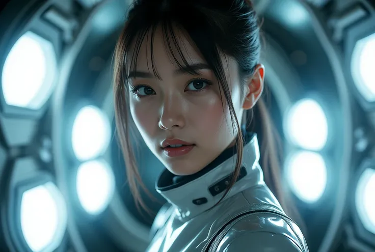 Sexy Sci-fi Art、(Glowing portals)、Original photo、Portrait of a Woman 、Spaceship Crew、(Highly Detailed Eyes and Faces)、huge tits、Sexy Crew Uniforms That Fit the Skin Perfectly、(Transfer Rooms Inside the Spaceship)、Pale Glowing Transfer Portals、high quality、...