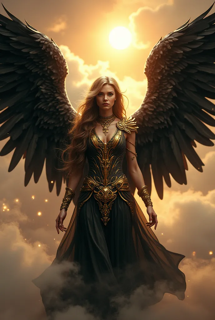 Black winged seraphim that wears golden ornaments 