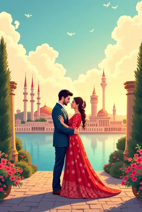 Azerbaijan marriage couple illustration 
with background of Baku Flame  Towers, Şirvanşahlar palace and Maiden Tower
