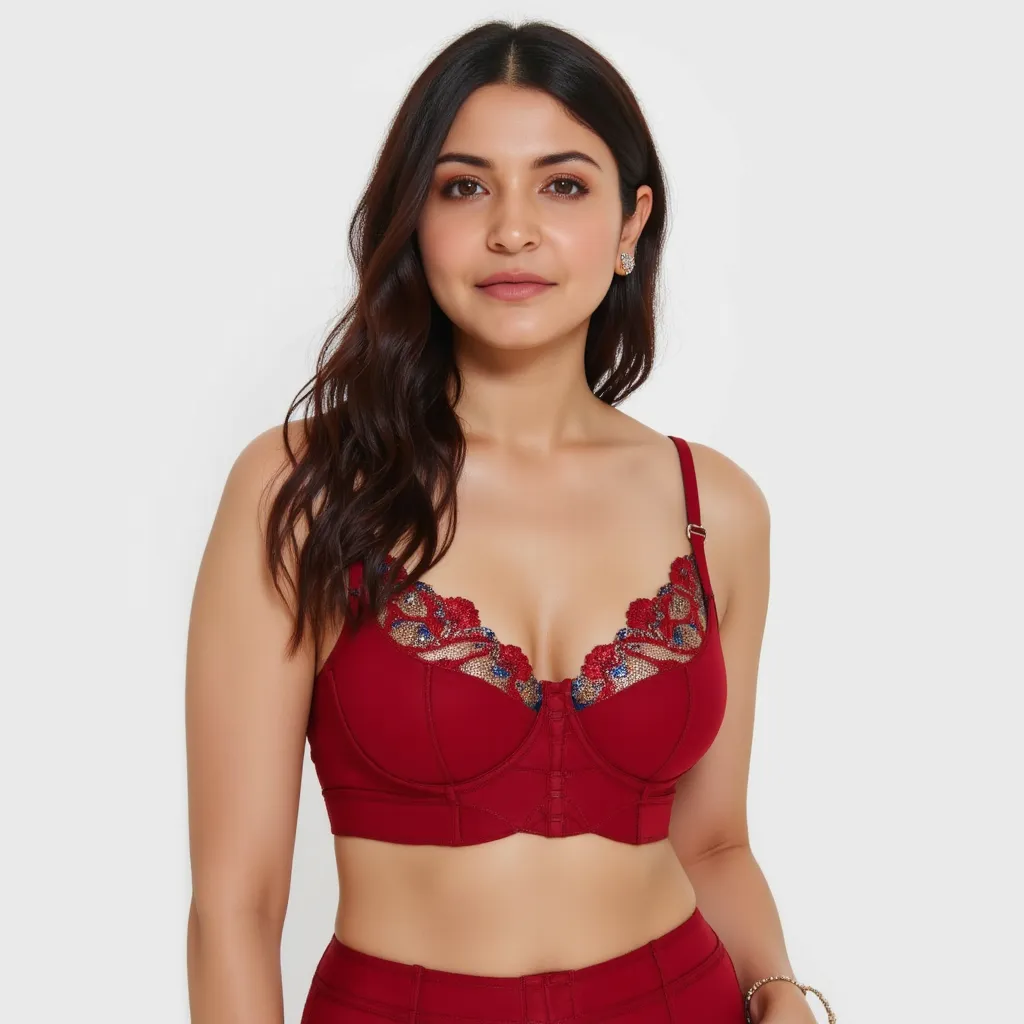 Half body photo portrait of Indian heroine, red bra, red lingerie, looking at viewer, big breast thick thighs, bangles on both hands, horny face, good proportion, soft skin, realistic skin colour, soft lighting, front focus, (realistic eyes, symmetric face...