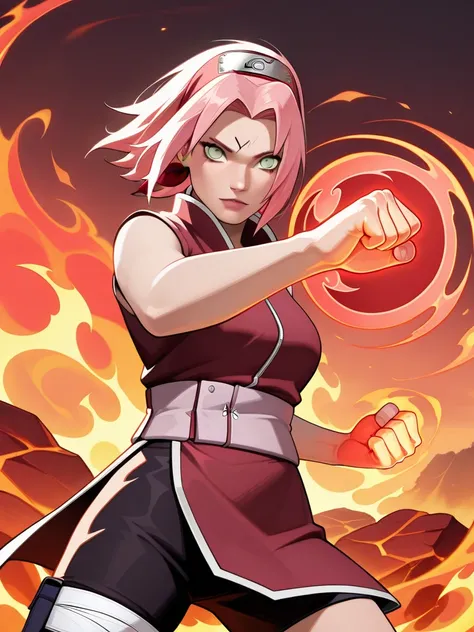 highres, hi res, best quality, masterpiece, intricate details, absurdres, 4k, semi realistic, cartoon,
1girl, Sakura Haruno (Naruto), Strength of a Hundred Seal glowing on her forehead, pink hair flowing with immense chakra pressure, ground cracking under ...