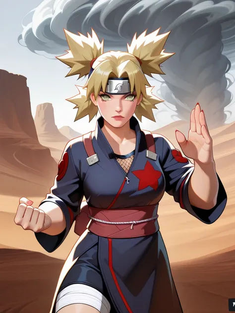 highres, hi res, best quality, masterpiece, intricate details, absurdres, 4k, semi realistic, cartoon,
1girl, Temari (Naruto), giant war fan fully extended, tornado-like gusts of wind tearing through the battlefield, sharp wind blades forming around her, l...