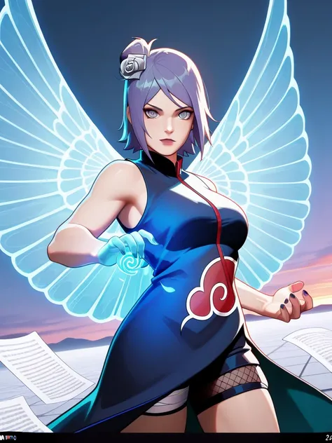 highres, hi res, best quality, masterpiece, intricate details, absurdres, 4k, semi realistic, cartoon,
1girl, Konan (Naruto), ethereal paper wings glowing with blue chakra, thousands of paper sheets forming deadly spears mid-air, looking at viewer, dynamic...