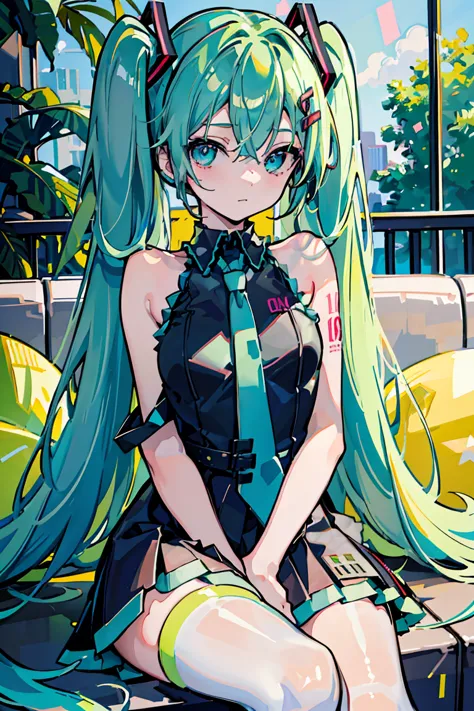 (Hatsune Miku), 1 girl,( green), sexy ass ,  colorful clothes,  sits cross-legged, Mischievous expression, beautiful expression,  (eyes are hearts),  white skin,18 years old, colorful hair leaving shoulders, Halterbra,  romanticism , modern art, Impression...