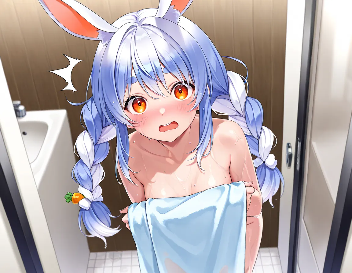 high detailed, best quality, UsadaPekora, orange eyes, thick eyebrows, rabbit ears, two-tone hair, blue hair, white hair, long hair, twin braids,looking at viewer,naked,bathroom,wet,embarassed,surprised,blush,covering herself