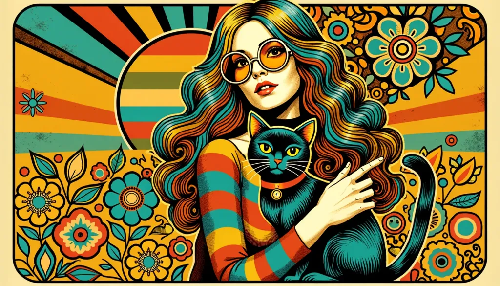 A woman in a vibrant and psychedelic setting of the 70s, with bright colors and geometric shapes. She is affectionately embracing a stylized black cat, With big amber eyes, in an environment with abstract and floral patterns in the colors amber and teal.  ...