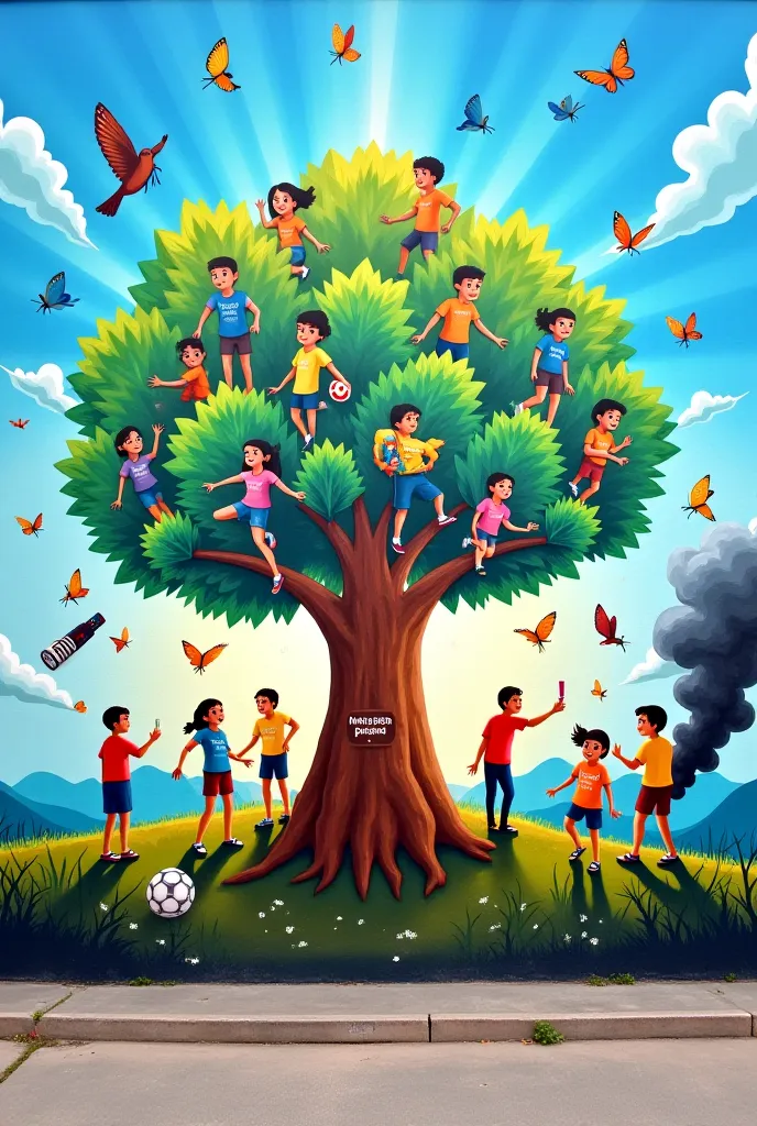 A vibrant and colorful mural that covers the entire wall of a high school, with a clear message about the dangers of vapers. in the center, style a large, leafy tree symbolizes health and life, with strong roots that represent solid decisions.  Around the ...