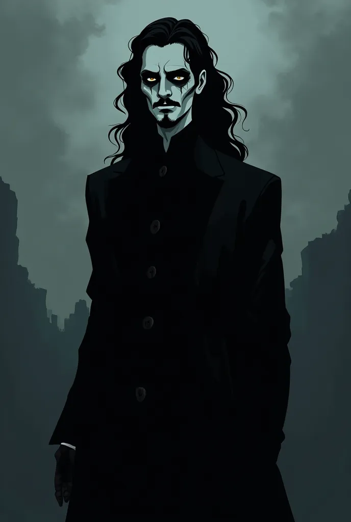 A gothic male character in Samurai Jack art style, with long curly hair, a goatee, and a mustache, dressed entirely in black. His face is pale and tired, with dark, smudged gothic makeup around his eyes. His expression is melancholic, his gaze empty, lost ...