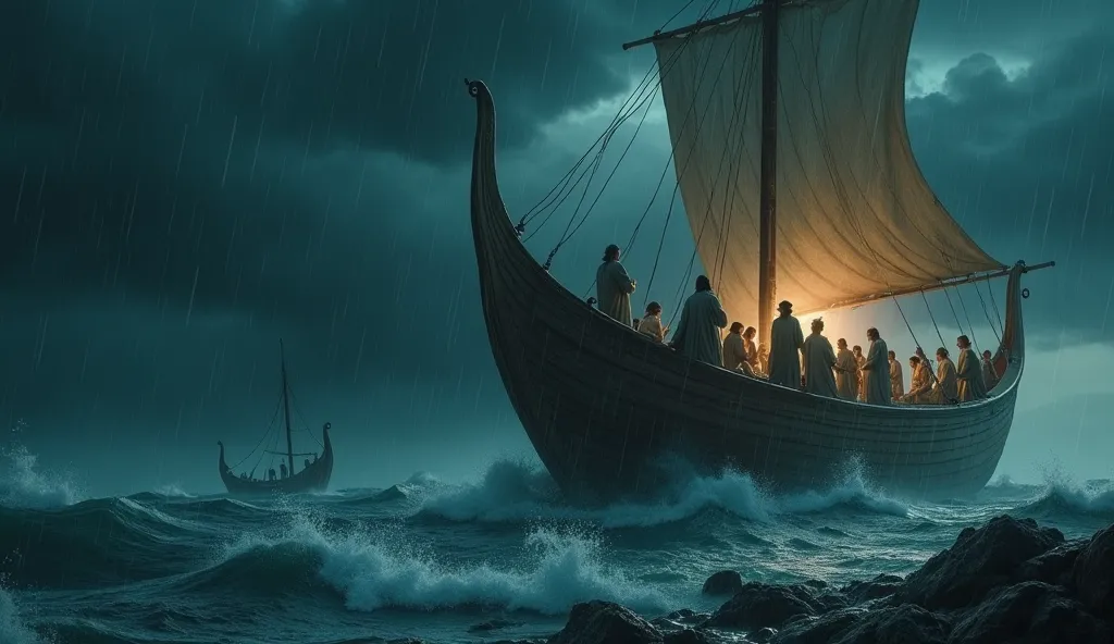 ultra-realistic 4K cinematography of the biblical flood described in the Book of Genesis. The scene takes place in a dark and stormy atmosphere, with heavy rains and violent waves. astronomy, } . A large wooden pot built with ancient craftsmanship, floats ...