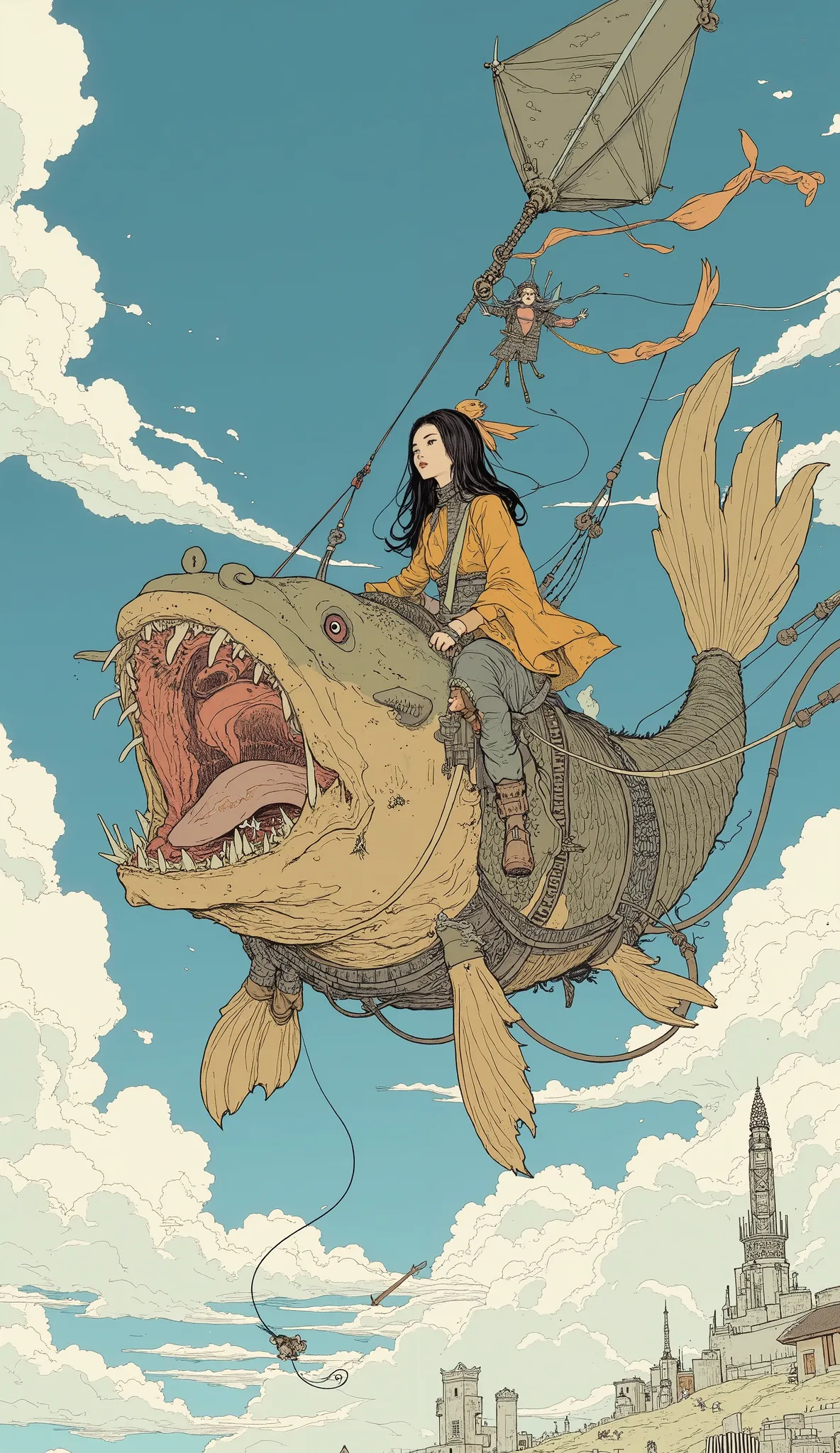 There is a woman riding a giant fish kite,  by Russell Dongjun Lou ,  jc leyendecker and sachin teng ,  by Chen Yangjun , james jean and Wow, Moebius + Reusch + Wow,  Portrait of ,  Krenz Coushart and Wenjun Lin, Ross TranとMichael Whelan, ross tran and Wow