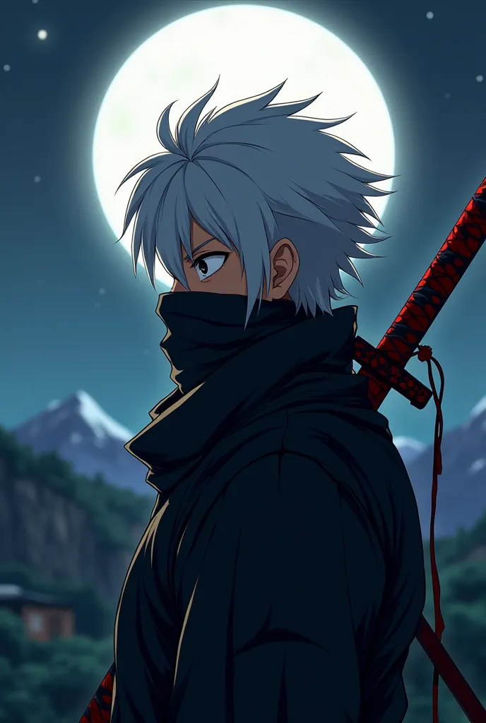 Create an anime-style profile picture, of a ninja with short white hair,  black eyes, holding a katana dirty with blood, With a mountain background at night full moon, Focus on the image from the shoulders up