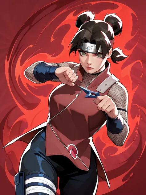 highres, hi res, best quality, masterpiece, intricate details, absurdres, 4k,, semi realistic, cartoon,
1girl, Tenten (Naruto), sleek black hair tied in a ponytail, traditional ninja attire with tactical gear, shuriken and kunai swirling around, focused au...