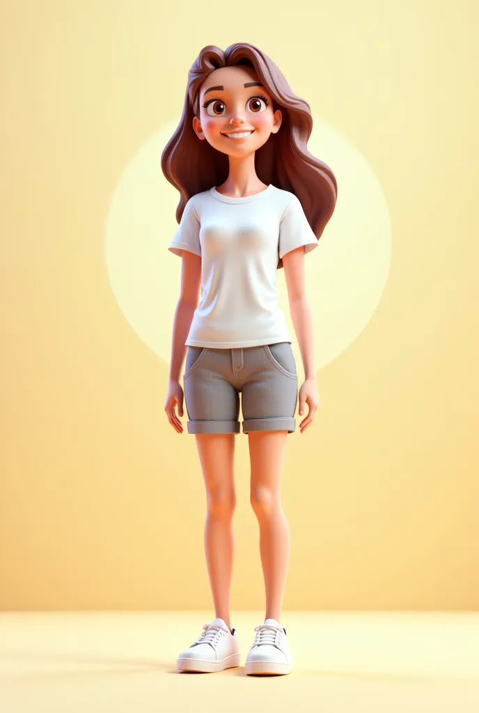 , s, arm-length brown hair, 3d drawing, in white t-shirt and shorts and sneakers, On a cheerful background