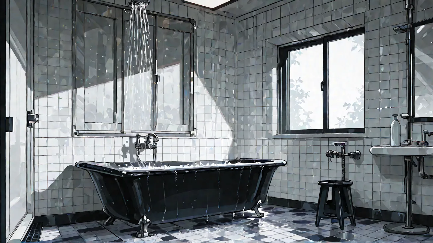 bathroom_background, bathroom_inside, ((only_background)), ((remove_human)), black_shower booth, black color_interior, modern_interior, black_bathtub, shower head, black_tile floor