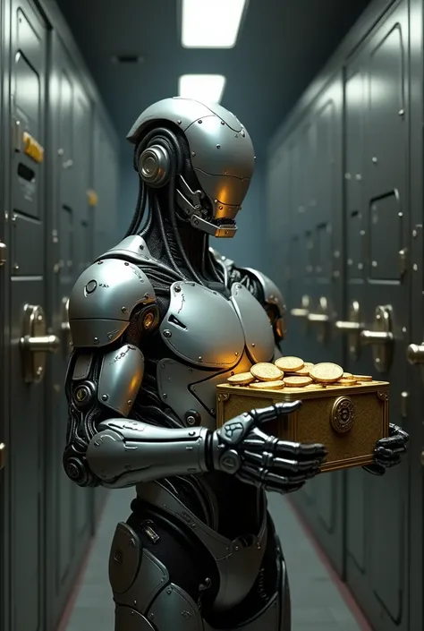 Create a realistic image of me, male, 30 years, Metallic cyborg with my human head carrying a chest in my hands with the reserves of cryptos inside falling out of the chest, inside a central bank safe